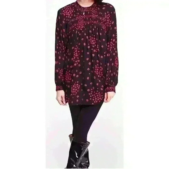 Free People XS Smocked Tunic Mini Dress Black Floral Boho WhimsyGoth Babydoll - Picture 2 of 15